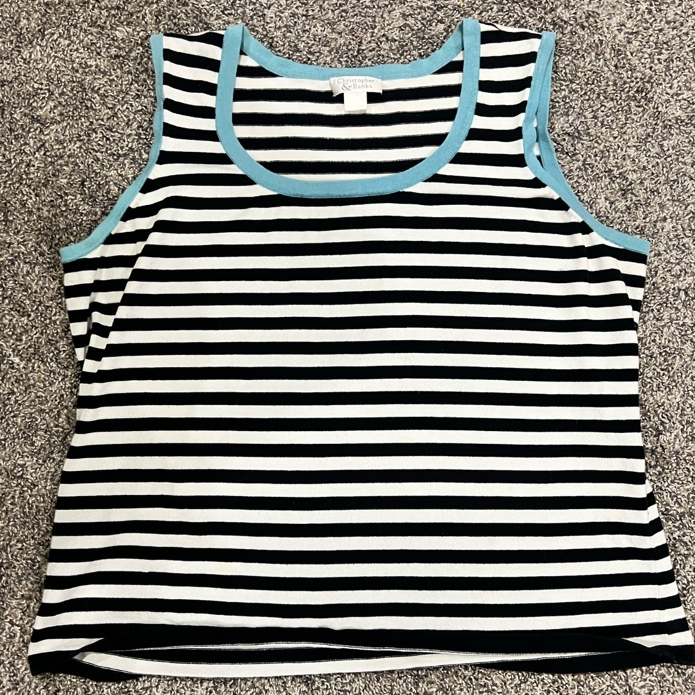 Christopher & Banks Black and White Striped Tank with Blue Trim
